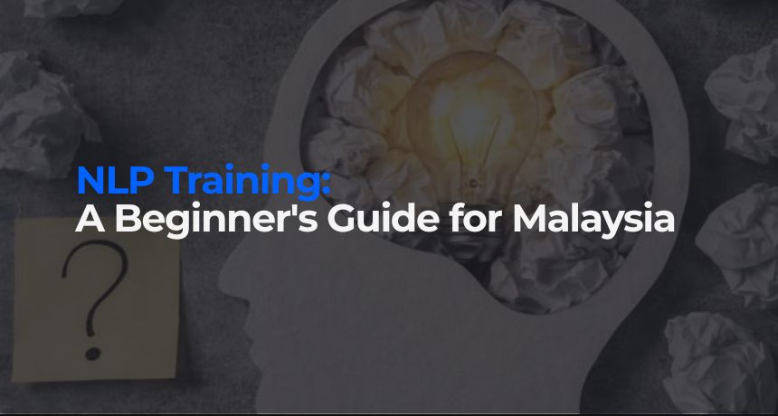 Text "NLP Training: A Beginner's Guide for Malaysia" over a profile silhouette of a head with a glowing lightbulb.